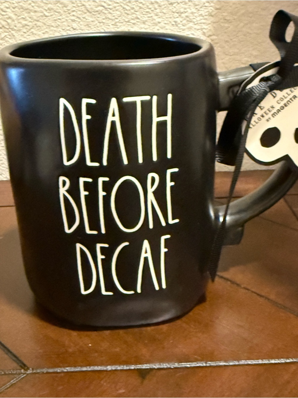 Rae Dunn MATTE Black Ceramic Mug 'Death Before Decaf' - Rustic Gothic- NWT - Picture 5 of 5